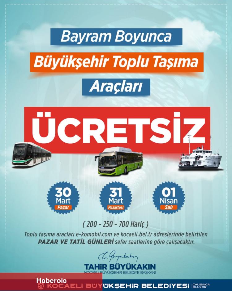 Kocaeli'de bayram boyunca ulaşım ücretsiz