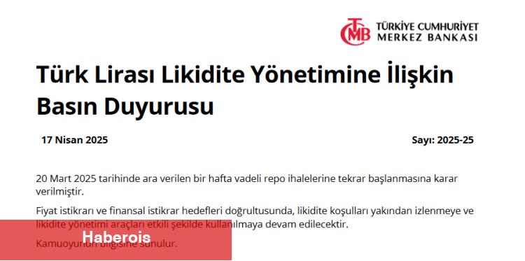 Merkez Bankası repo ihalelerine yeniden başlıyor