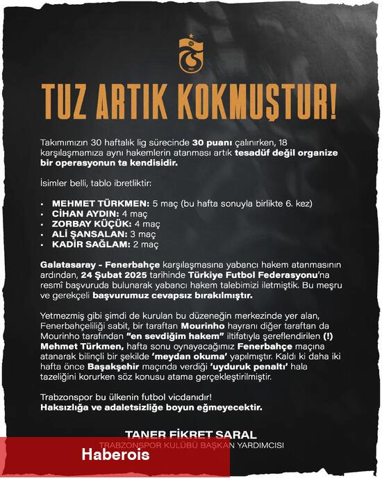 Trabzonspor'dan hakem yansısı: "Tuz artık kokmuştur" - Haberois Trabzonspor'dan hakem yansısı: "Tuz artık kokmuştur"