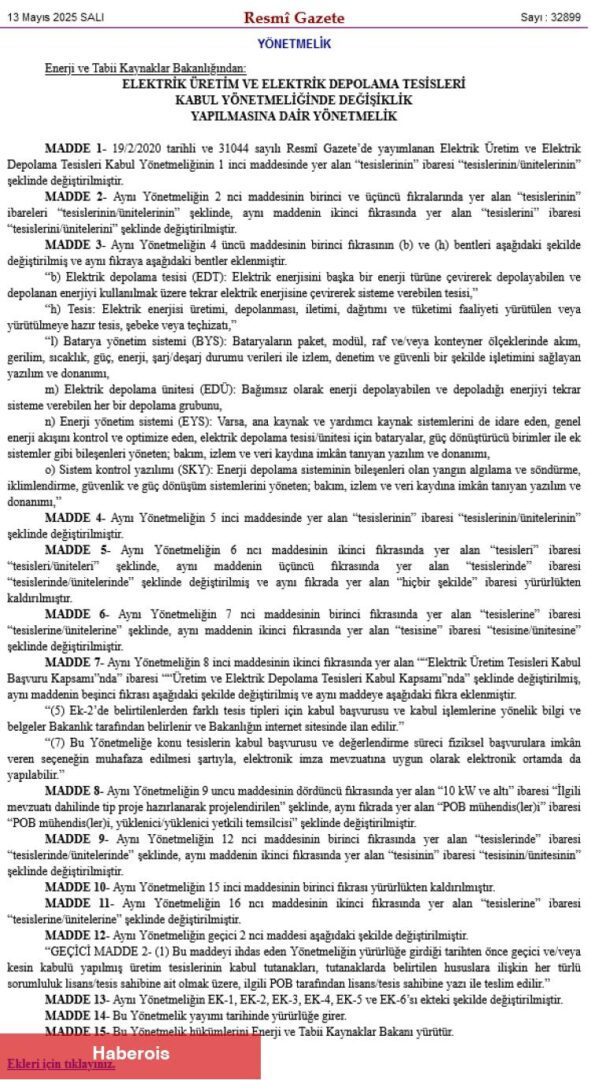 Elektrik üretim ve depolama tesisleri için yeni düzenleme
