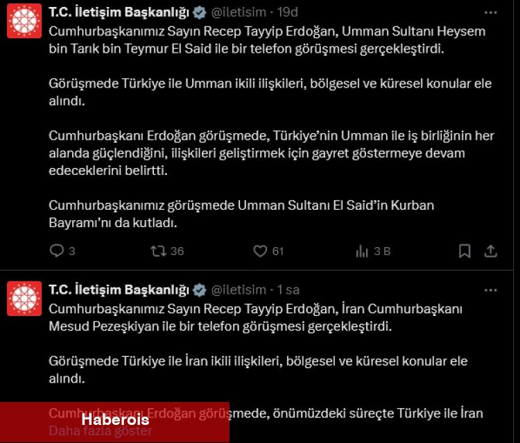 Cumhurbaşkanı Erdoğan'dan İran ve Umman liderleriyle telefon diplomasisi