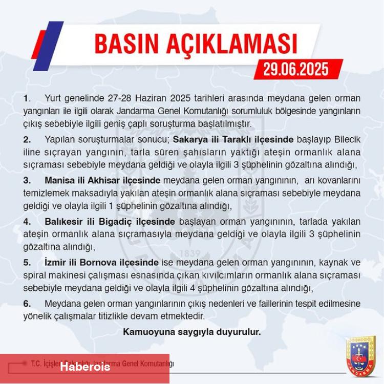 Jandarma’dan orman yangınlarına ait soruşturma: 11 gözaltı!