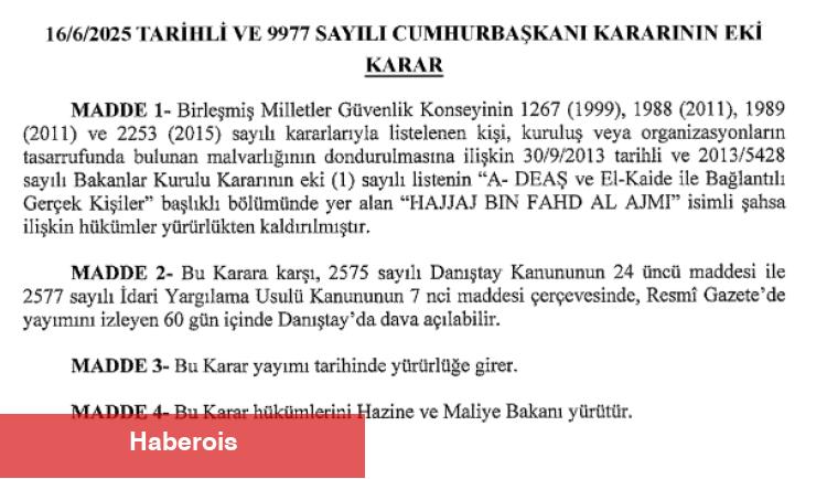 Malvarlığı dondurma listesinde değişiklik Resmi Gazete'de