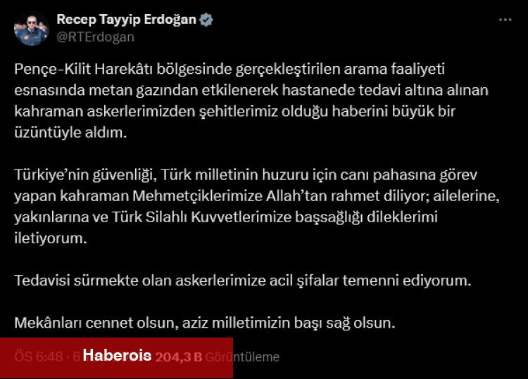 Cumhurbaşkanı Erdoğan'dan Pençe-Kilit şehitlerine taziye