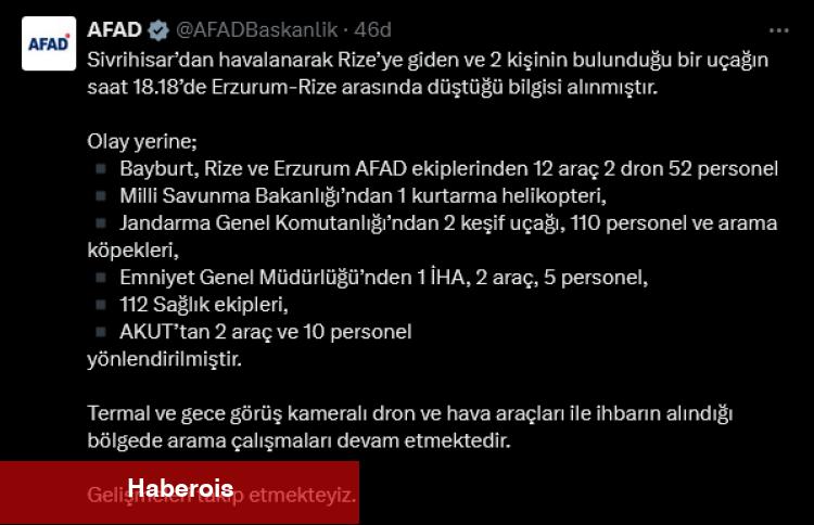 Erzurum-Rize ortasında uçak kazası! AFAD: Arama çalışmaları ağırlaştı