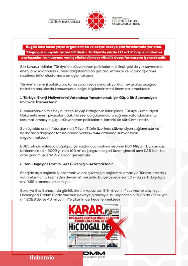 İletişim'den 'doğalgaz fiyatları' argümanlarına yalanlama