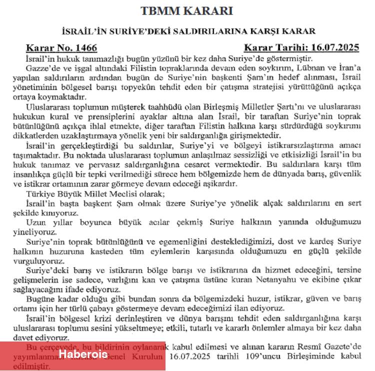 İsrail’in Suriye’deki taarruzlarını kınayan TBMM kararı Resmi Gazete’de